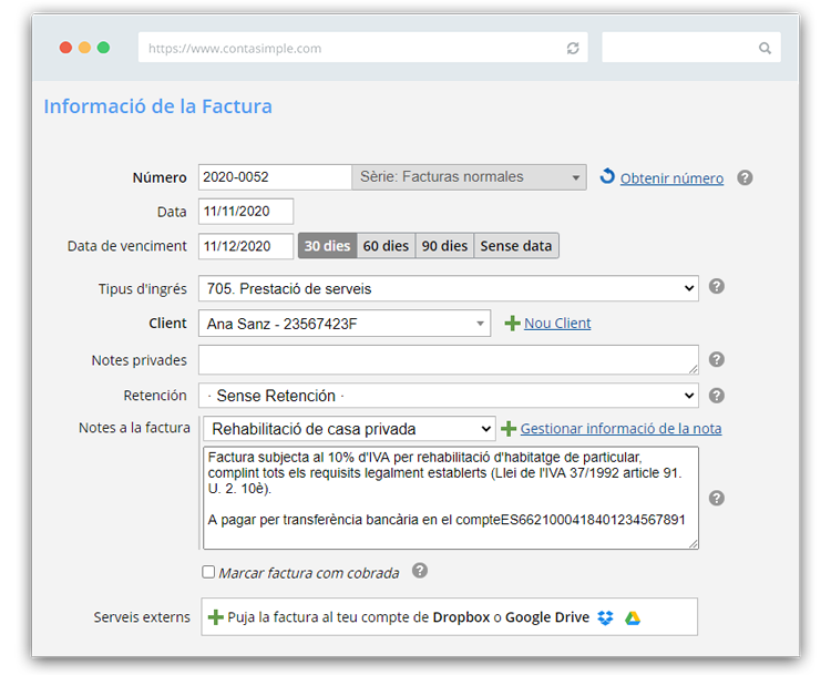 Nota de factura construcció